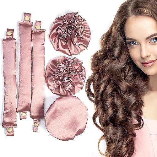 Satin Heatless Hair Curlers 3Sets/6PCS, Pillow Soft Rollers with Caps, No Heat Curling Rods and Headband for All Hair Types (3Sets-Pink)