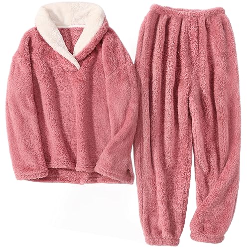 HEEKPEK Fuzzy Pajamas Set for Women Winter Warm Fluffy Loungewear Soft Fleece Pj Pants 2 Piece Plush Sleepwear Lounge Tops(Orange,S)