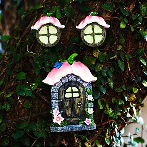 iRonrain Miniature Fairy Gnome Home Window and Door Glow in the Dark Mini Garden Statues, Tree Face Hugger Hanging Figurines Decor for Tree Fence Yard Door Garden Sculptures Ornaments (Mushroom House)