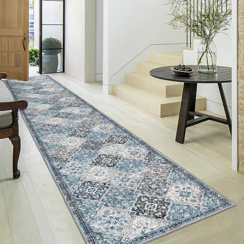 KILOCOCO 2.6x18 Runner Rug, Moroccan Super Soft Washable Hallway Entryway Runner Rug, Accent Print Faux Wool Kitchen Runner Non-Slip Boho Carpet for Laundry Room Bedroom, Blue/Multi