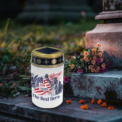 Image of Grave Solar Light for Cemetery The Real Hero Patriotic Flameless Candle Solar Powered with Statue of Liberty Eagle Veterans Loved Ones Remembrance Tribute Grave Decor