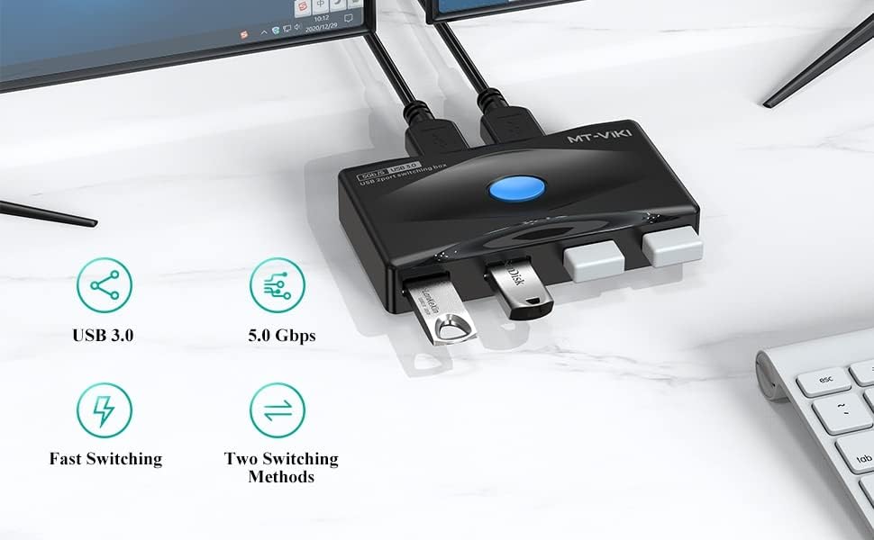 Image of MT-VIKI USB 3.0 Switch 4 Port USB Switch Selector 5Gbps High-Speed Peripheral Sharing Switcher for 2 Computer Share Mouse Keyboard Compatible with Laptop Scanner Printer 2 Pack Cable