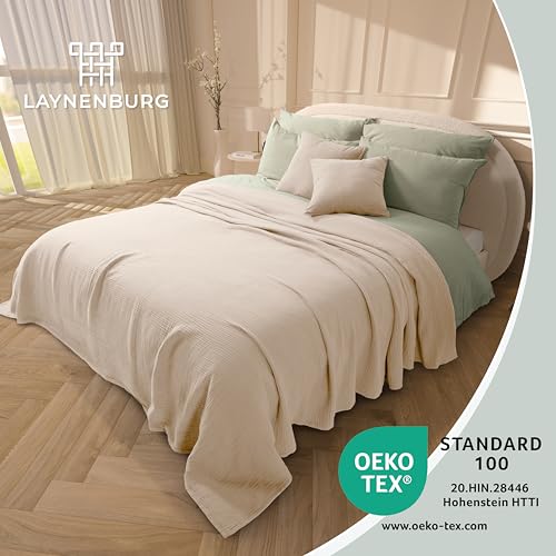 LAYNENBURG Premium Musselin Tagesdecke 150x200 cm - 100% Baumwolle - extraweiche, leichte Sommerdecke als Kuscheldecke, Bett-Überwurf, Baumwolldecke, Couch-Überwurf - warme Sofa-Decke (Beige)