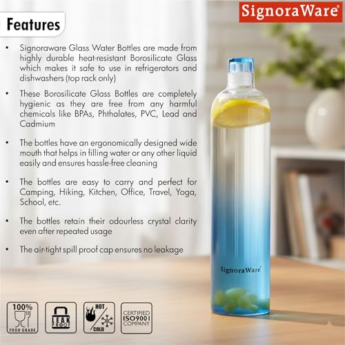 Image of SignoraWare Lavender Borosilicate Glass Bottle | Airtight & Leakproof | Heat Resistant | Dishwasher Safe | Odor-Free | Ideal for Home, Office, Travel, Yoga & Gym | Easy to Clean (1 LTR | Clear)