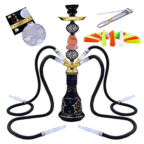 Hookah Set With Everything 21'' Shisha Hookah Complete Set - Glass Flower Vase, Ledther Hose, 50 Foils, 100 Hookahtips, Ceramic Bowl, Coal Tong (Gold) #TOP1