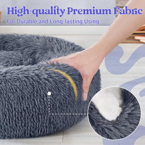 rabbitgoo Calming Cat Beds for Indoor Cats, 20 inches, Dark Grey | Soft Warm Donut, Fluffy Faux Fur, Supportive Raised Rim, Anti-slip, Machine Washable, Up to 15lbs Kittens & Small Cats - Image 7