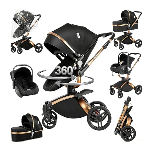 Magic ZC 360° Rotative Cuir PU Poussette 3 en 1, Pousette Trio Portable Pliable en Un Clic, Poussette Combinée avec Réversible Bidirectionnelle, Pousette...