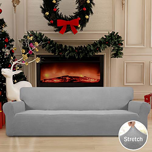 Image of Easy-Going Stretch 4 Seater Sofa Slipcover 1-Piece Sofa Cover Furniture Protector Couch Soft with Elastic Bottom for Kids, Polyester Spandex Jacquard Fabric Small Checks Light Gray