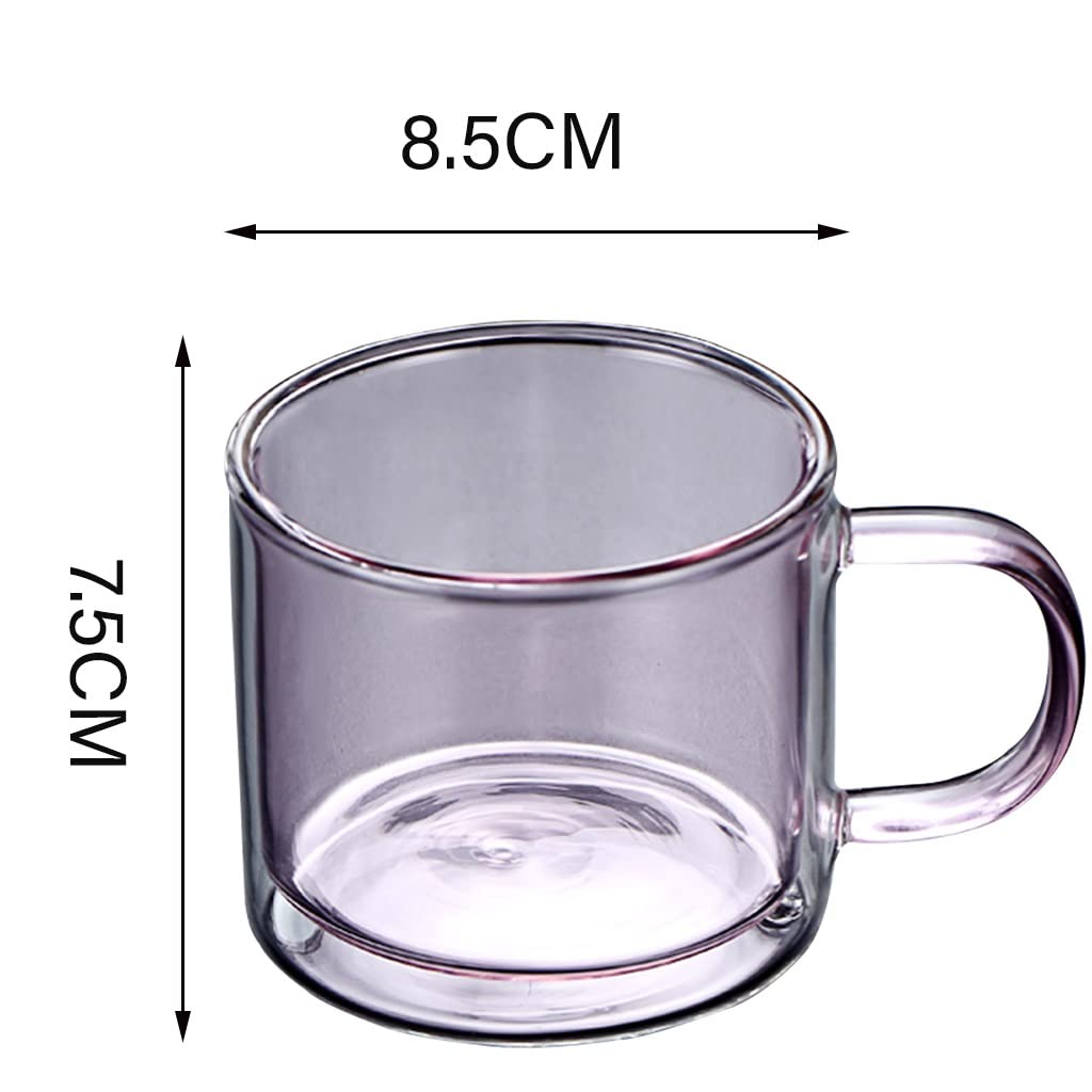 Doppelwandiges Glas-Kaffeetassen-Set, wiederverwendbar, isoliert, Kaffeetasse mit Griff, farbige Trinkgläser, Weingläser, Glasgeschirr, Trinkgläser, Teetasse, 250 ml (Rosa)