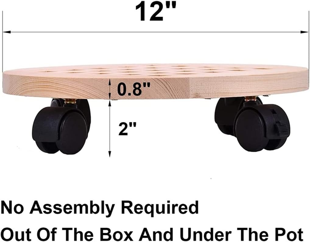 12 Inch Rolling Wooden Planter Caddy Potted Plant Stand with Wheels Round Flower Pot Rack