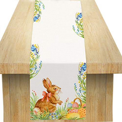 Runner pasqua, Tovaglia Pasquale in Lino, Runner da Tavola con Stampa Pasquale, Tovaglia Primaverile con Coniglietti Pasquali, Motivo Pasquale Stampato Colorato (33 cm X 183 cm)