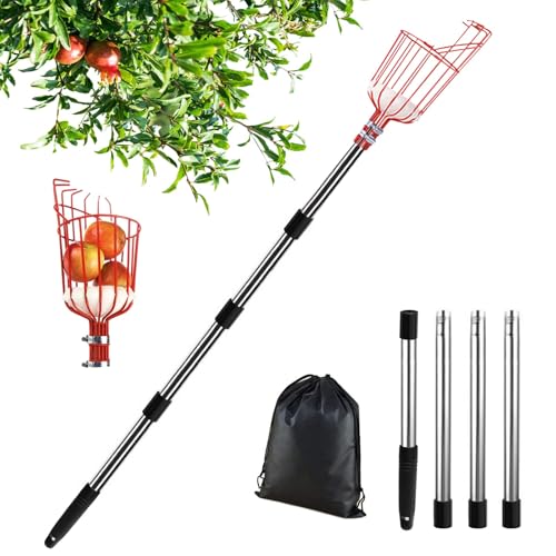 Apfelpflücker mit Teleskopstiel Edelstahl 2.0M, Obstpflücker mit Teleskopstiel Metall, Kirschpflücker Outdoor Garten, Obstpflücker mit Teleskopstange, Obsternter Erntehelfer Birnen Beeren Ø 145mm