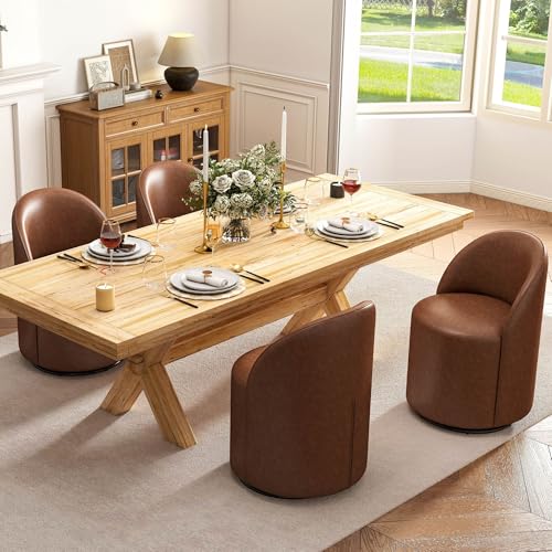 Wahson Faux Leather Swivel Dining Chair Set of 4, Modern Upholstered Barrel Accent Chair with 360 Degree Rotation, Brown Vanity Chair for Dining/Living Room, Bedroom, Makeup Room