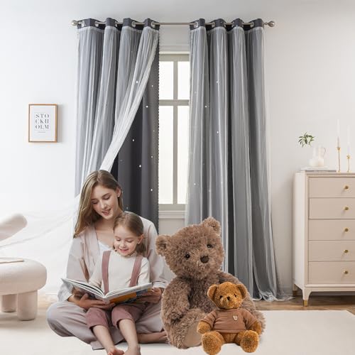 Image of Yancorp Grey Curtains for Bedroom Living Room Thermal Insulated Kids Curtain Hollow-Out Star Window Nursery Curtain 63 inches Length Room Darkening Grommet(Grey,34 * 63),1 Panel