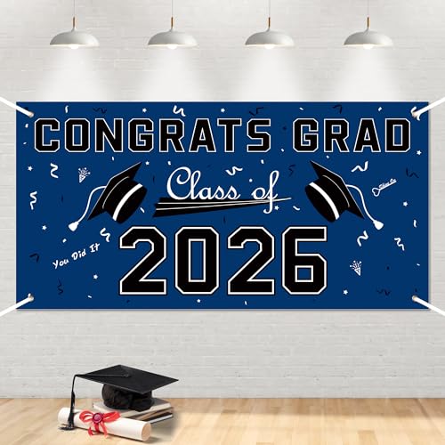 Image of Graduation Decorations 2026 2027 - Blue Polyester Graduation Backdrop - Graduation Party Decorations - Congrats Grad Banner - Graduation Decorations Class of 2026,Graduation Party Favors Supplies Yard Sign