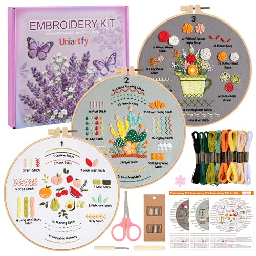 Image of Embroidery Kit for Adult Beginners, 3 Pack Embroidery Stitches Practice Kit to Learn 31 Stitches, with Step-by-Step Instructions & Videos, Tools, DIY Needlework Craft Gift for Craft Lovers Women
