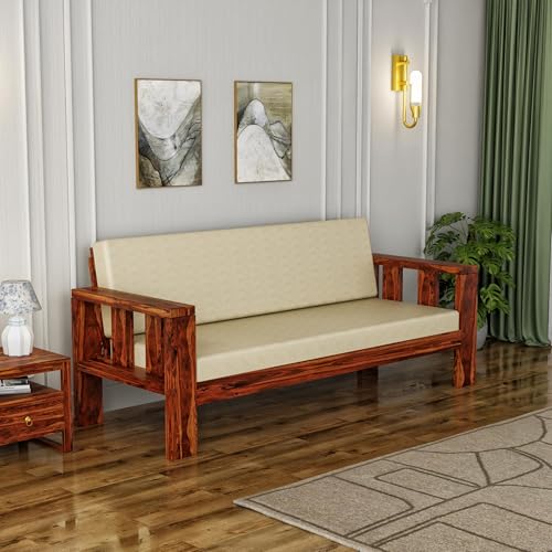 Image of Solid Sheesham Wood Sofa Cum Bed | Wooden Sofa Cum Bed for Living Room | Space Saving Wooden 3 Seater Sofa with Bed for Bedroom, Folding Bed with Mattresses (Honey Finish)