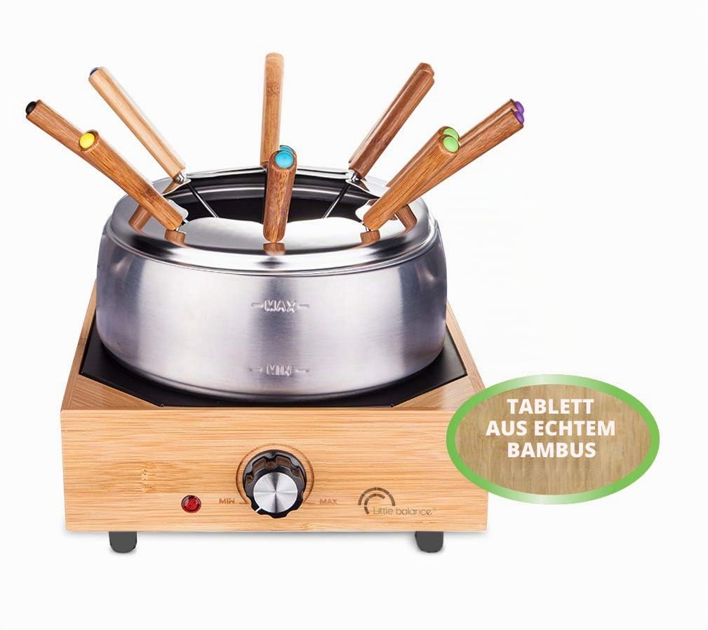 Little Balance 8320 Wood Fondue 8 Edelstahl – Fondue-Gerät für 8 Personen – Fondue-Topf aus Edelstahl mit Antihaftbeschichtung, großes Fassungsvermögen 2 l – Leistung 800 W – Finish aus echtem Bambus