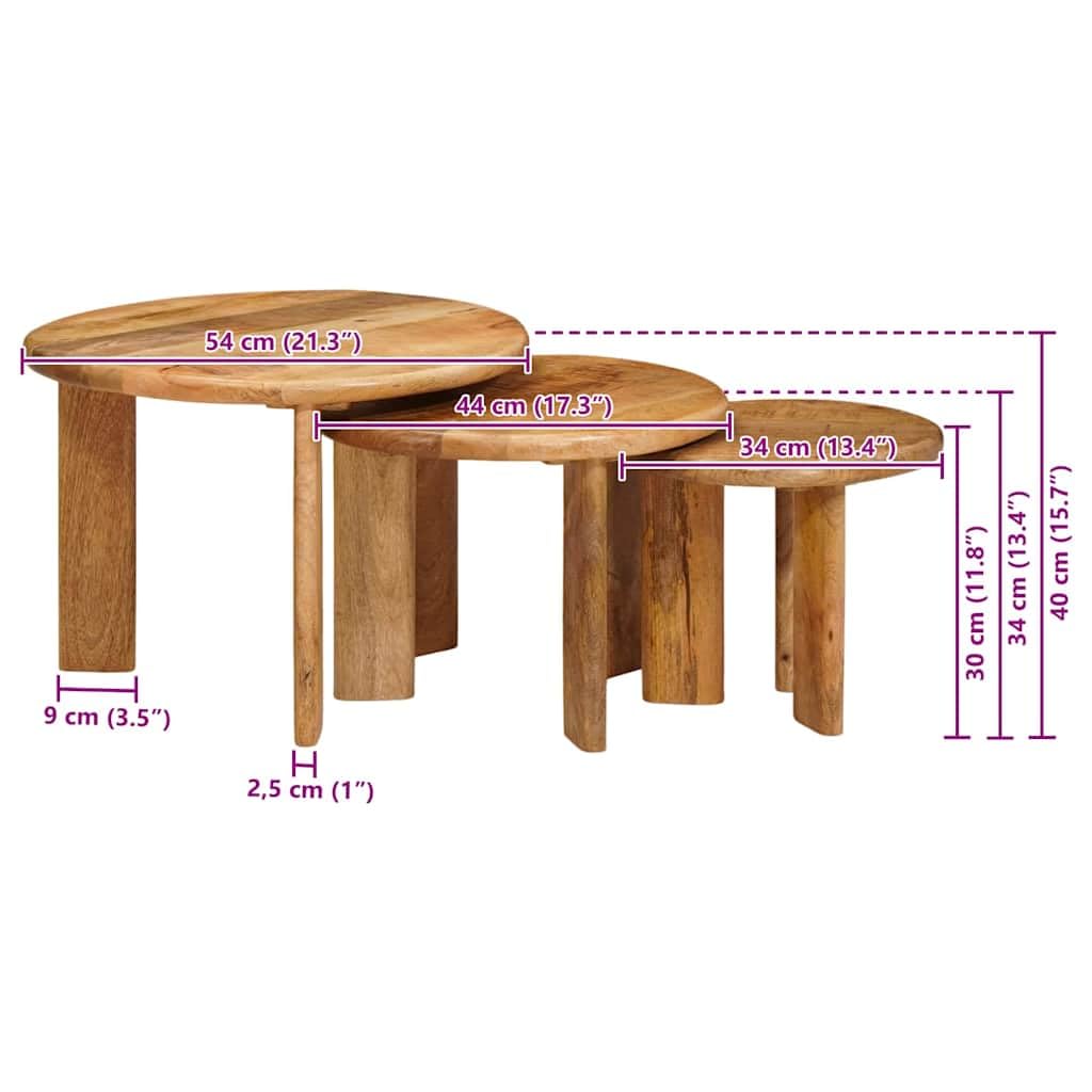 Set di 3 tavolini da caffè impilabili, in legno massiccio di mango, 54 x 54 x 40 cm, salvaspazio, per soggiorno, divano, tavolino da tè, tavolino da caffè e tavolino decorativo, con