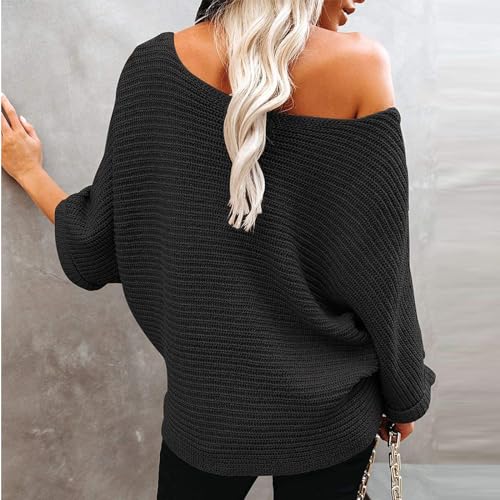 Women's Long Batwing Sleeve Loose Off Shoulder Knit Pullovers Fall Sweaters 2023 Casual Boat Neck Tops2