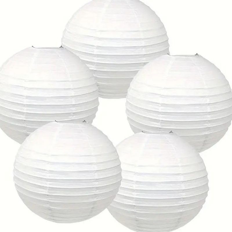 5 Lanternes Japonaises Rondes diam. 50 cm, Lampions Boule Papier Blanc, Déco extérieur ou soirée...