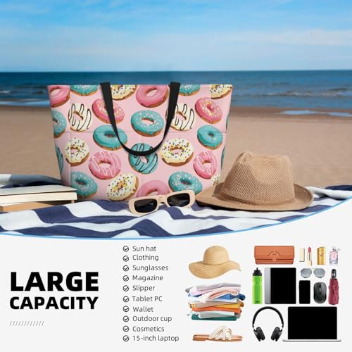 Waterproof Sandproof Beach Bag Blue Pink White Donut Print Swim Large Tote Pool Bag For Women With Zipper4