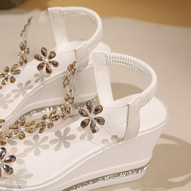 Women's Beach Casual Shoes, Women Rhinestone Flower Open Toe Elastic Ankle Strap Wedge Sandals, Summer Comfy Outdoor Plus Size Platform Sandals, for Family, Travel, Meeting, Shopping4