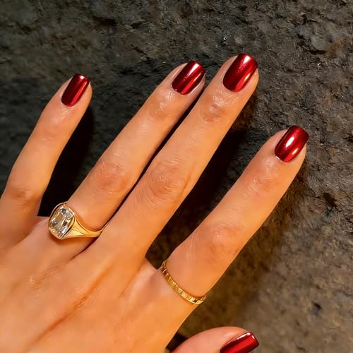 KXAMELIE Chrome Press On Nails Short Square - Glazed Red Press on...