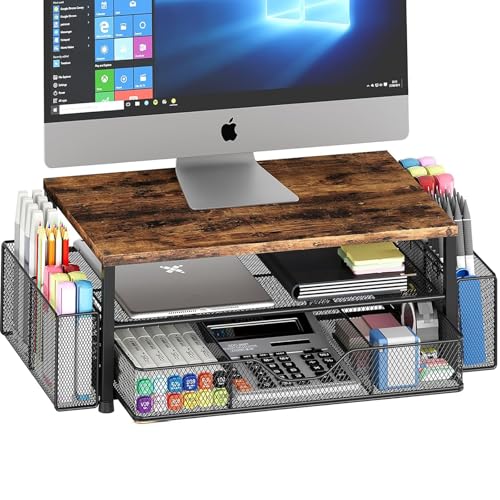 OPNICE Desk Organizers and Accessories, 2-Tier Computer Monitor Stand Riser with Drawer and 2 Pen Holders, Laptop Stand, Office Desk Accessories for Office Supplies, Brown
