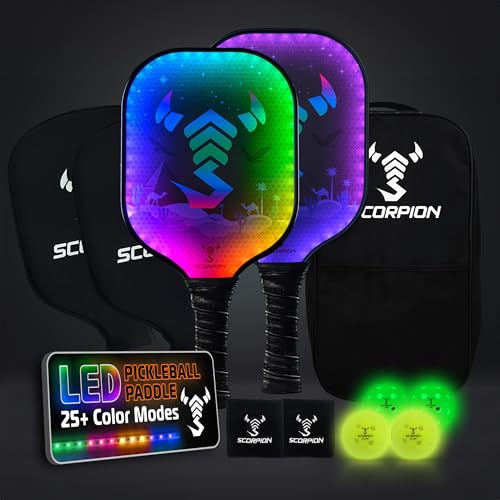 Image of SCORPION LED Pickleball Paddles Set of 2 or 1 - Lightweight Rackets with LED Edge Lighting | Carbon Fiber /Fiberglass /Wood Face | Durable Paddles for Women, Men, and Kids | Includes Bonus Accessories