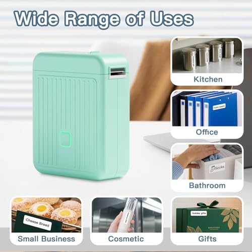 Image of Label Printer with Waterproof Self-Adhesive Labels (12 x 40 mm), Bluetooth Labeling Device, Portable Label Printer, 2000 mAh, Compatible with iOS & Android, for Home, School, and Office (Mint Green)