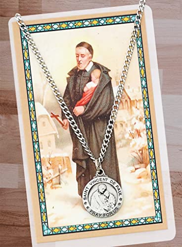 St Vincent De Paul Necklace with St Vincent Holy Card, Lord's Prayer Card - St Vincent De Paul Medal Jewelry | Catholic Patron Saint of Charitable Societies, Volunteers, Hospital | Total 3 Items3