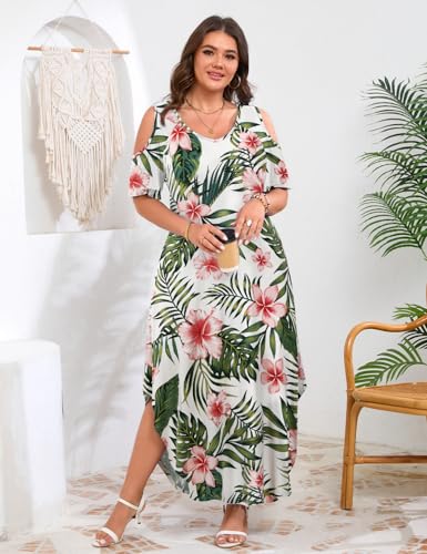 Image of JollieLovin Womens Plus Size Casual Summer Maxi Long Dress Cold Shoulder V Neck Beach Sundresses