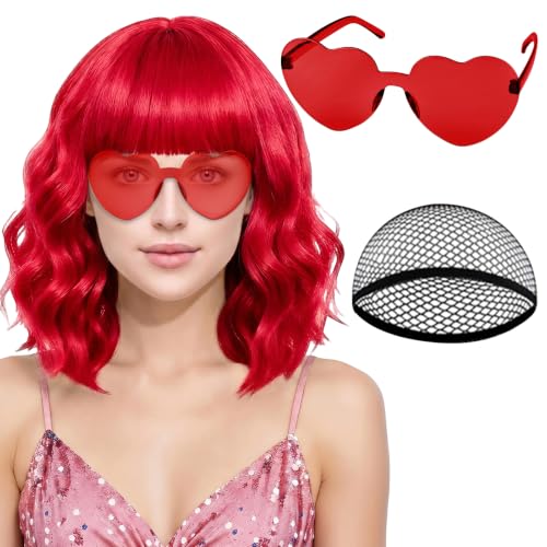 PLULON Red Wavy Bob Wig with Bangs Heart Sunglasses for Women Colored Neon Funny Party Curly Bob Wigs Synthetic Hair for Valentines Day Christmas Halloween Cosplay Costume Bachelorette Party