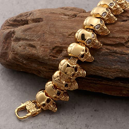 Personality Retro Gold Skull Bracelet Stainless Steel Men's Motorcycle Bracelet Men's Steel Chain Bracelet 8.66in/22cm (Jewelry box packaging)3