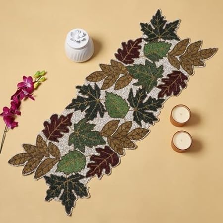 Mfu-Made For You Beautiful Multi Colour Leaf Design Beaded Table Runner Craftsmanship |Pack of 1 Measure 13 * 36 Inches