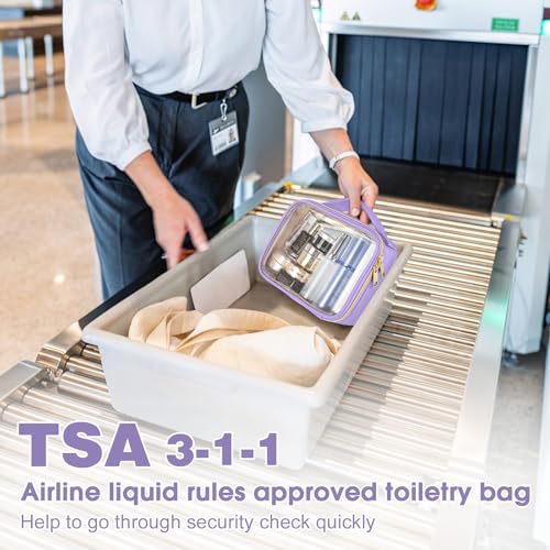 Image of Wedama TSA Approved Toiletry Bag, 2 Pack Clear Makeup Bags with Handles, Quart Size PVC Clear Cosmetic Bags for Women and Men, Carry on Airport Airline Compliant Bag, Purple