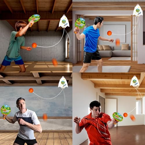 Image of Hanging Table Tennis Trainer for Kids Indoor Self Training Portable Ping Pong Set 10 Pieces 2 Racket 2 Balls 2 Hooks 1 Jungle Hanger and 2 Jungle Safari Stickers in 1 Jungle Box