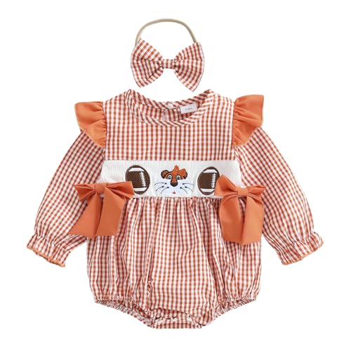 Baby Girl Football Outfit Smocked Bubble Romper Ruffle Long Sleeve Onesie Plaid Jumpsuit Fall Winter Clothes