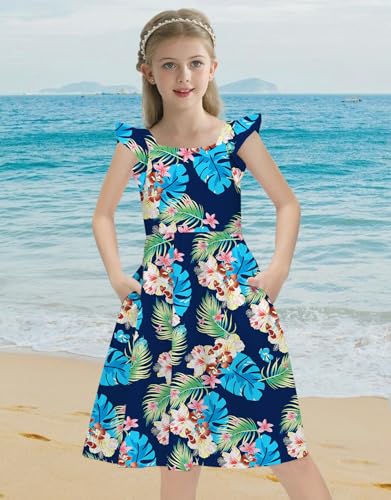 21KIDS Girls Summer Tie Back Dress Ruffle Sleeve Tropical Print Casual Midi Dress with Pockets for Girls 6-12 Years3
