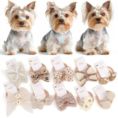 BIANHUAN 20pc Small Dog Hair Bows with Rubber Bands, Bulk Puppy Dog Hair Bows, Mix Handmade Cute Dog Gooming Flower Ball Bowknot Top Knot for Holiday Daily Yorkie Dog Hair Accessories (Set-B)