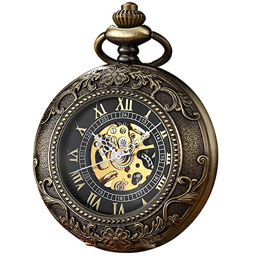 Image of Fashion Skeleton Mechanical Pocket Watch, Antique Roman Numeral Dial Mechanical Pocket Watches for Men with Box