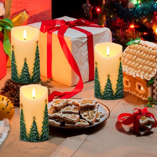 Image of Wondise Christmas Flameless Candles with Timer, Battery Operated Flickering 3D Wick Real Wax Christmas Tree Candles for Christmas Holiday Indoor Decoration, Set of 2, Ivory(D3 x H5.7 Inch)