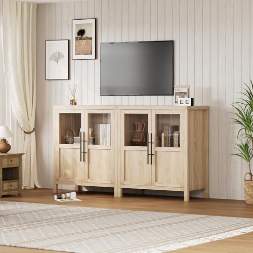 GarveeHome Sideboard Buffet Cabinet with 2 Glass Doors, 29" Buffet Table Coffee Bar Wine Bar Display Cabinet for Kitchen Dining Room, Living Room (Natrual, Glass with 2 Doors)