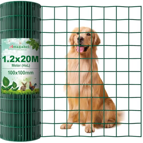 Amagabeli 1.2M X 20M Gartenzaun Zaun PVC-beschichteter Rostfrei 100 x 100mm 2.1 mm Drahtzaun Maschendraht Hundezaun Zaunelemente Grünen Drahtgitter Kaninchendraht Metal Forstzaun