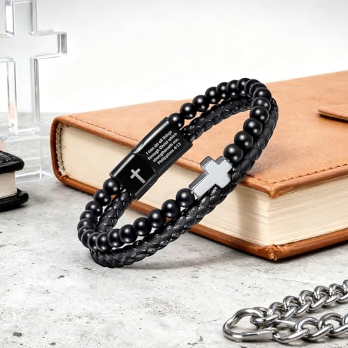 Pulsera de cuero negro con cruz para hombre miniatura 3