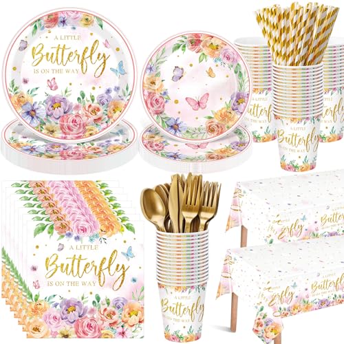 Image of Funnymoom 452 Pcs Floral Butterfly Baby Shower Decorations, a Little Butterfly Is on the Way Paper Plates Napkins Cups Tablecloth Cutlery Straws for Summer Floral Baby Shower Party Supplies