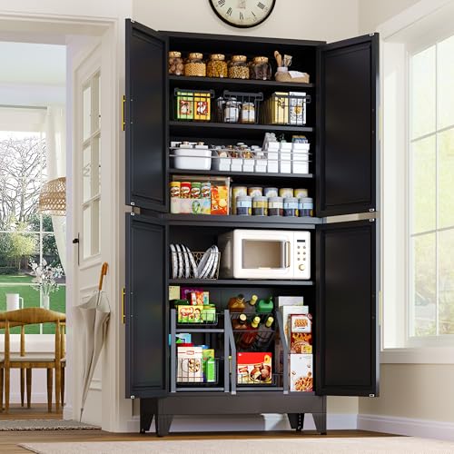 Image of GAIOUS 75.2 inch Tall Metal Pantry Cabinet, Storage Cabinets with 4 Door and 4 Adjustable Shelves, Black Kitchen Pantry Storage Cabinet, Freestanding Cupboard for Kitchen Dining Room Living Room Bathroom