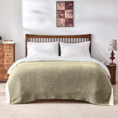 Image of CozeCube Reversible Knitted Throw Blanket,Olive Green White Melange 60 inchx80 inch