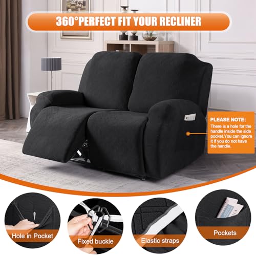 Image of VANSOFY Recliner Cover, 2-Pieces Stretch Reclining Couch Cover with Pockets Loveseat Sofa Slipcovers Soft Washable Furniture Protector for Dogs Cats(Black)